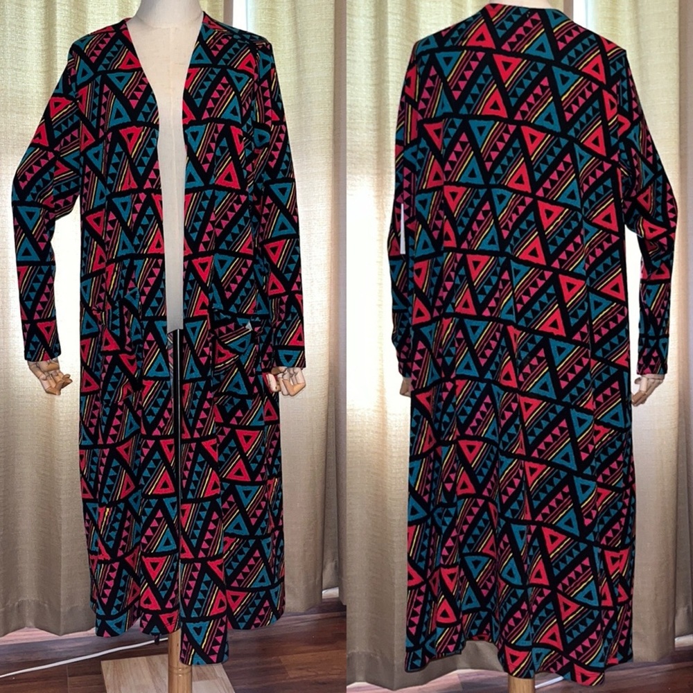 LuLaRoe Sarah XL Open Front Long Cardigan Geometric Print Black Pink Teal